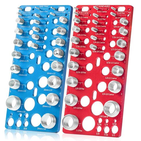 62-Piece Nut and Bolt Thread Checker - 25 Inch & 25 Metric Thread Gauges + 12 Drill Bit Sizers, Heavy-Duty Aluminum & Steel Bolt Size Finder, High-Precision Screw Identifier Tool (Red & Blue) in Kuwait