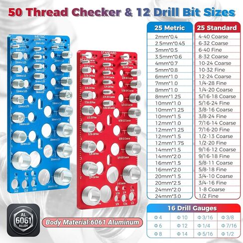 62-Piece Nut and Bolt Thread Checker - 25 Inch & 25 Metric Thread Gauges + 12 Drill Bit Sizers, Heavy-Duty Aluminum & Steel Bolt Size Finder, High-Precision Screw Identifier Tool (Red & Blue) in Kuwait