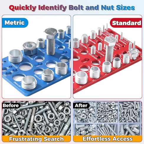 62-Piece Nut and Bolt Thread Checker - 25 Inch & 25 Metric Thread Gauges + 12 Drill Bit Sizers, Heavy-Duty Aluminum & Steel Bolt Size Finder, High-Precision Screw Identifier Tool (Red & Blue) in Kuwait