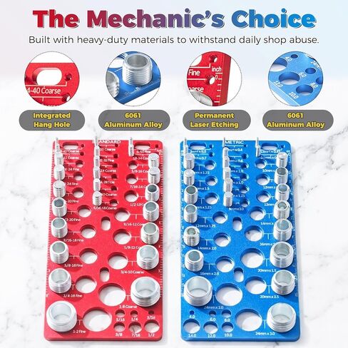 62-Piece Nut and Bolt Thread Checker - 25 Inch & 25 Metric Thread Gauges + 12 Drill Bit Sizers, Heavy-Duty Aluminum & Steel Bolt Size Finder, High-Precision Screw Identifier Tool (Red & Blue) in Kuwait