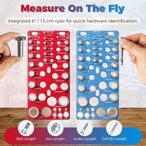62-Piece Nut and Bolt Thread Checker - 25 Inch & 25 Metric Thread Gauges + 12 Drill Bit Sizers, Heavy-Duty Aluminum & Steel Bolt Size Finder, High-Precision Screw Identifier Tool (Red & Blue) in Kuwait