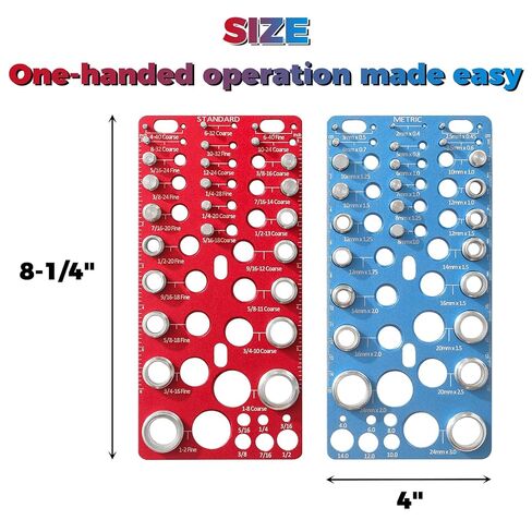 62-Piece Nut and Bolt Thread Checker - 25 Inch & 25 Metric Thread Gauges + 12 Drill Bit Sizers, Heavy-Duty Aluminum & Steel Bolt Size Finder, High-Precision Screw Identifier Tool (Red & Blue) in Kuwait
