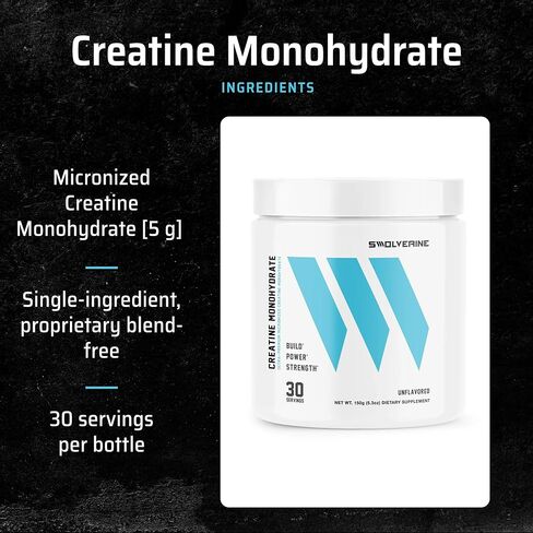 Swolverine Creatine Monohydrate Powder - 5g Micronized Creatine, Third-Party Tested, Single-Ingredient, Supports Muscle Strength, Power, Recovery & High-Intensity Performance, 30 Servings, Unflavored in Saudi Arabia