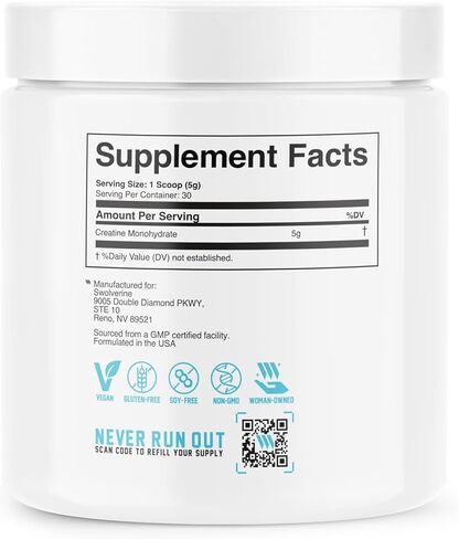 Swolverine Creatine Monohydrate Powder - 5g Micronized Creatine, Third-Party Tested, Single-Ingredient, Supports Muscle Strength, Power, Recovery & High-Intensity Performance, 30 Servings, Unflavored in Saudi Arabia