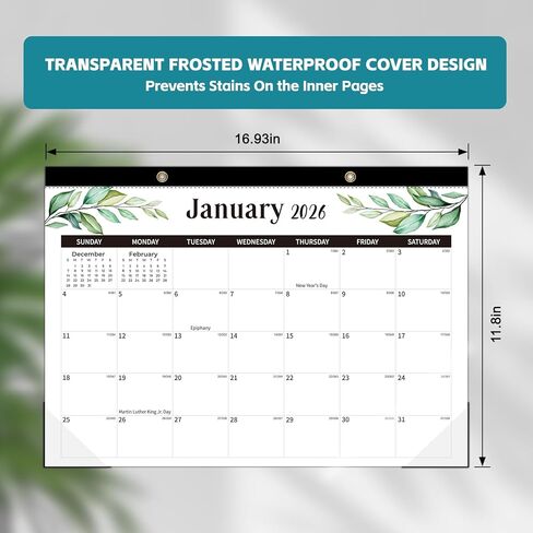 Desk Calendar 2025-2026, 18 Monthly Desk/Wall Calendar, July 2025 - December 2026, Desk Top Calendar 17" x 12" Large Desk Calendar with Cutting Lines, Corner Protectors, Notes Section for home, office, and school (Green Leaf) in Kuwait