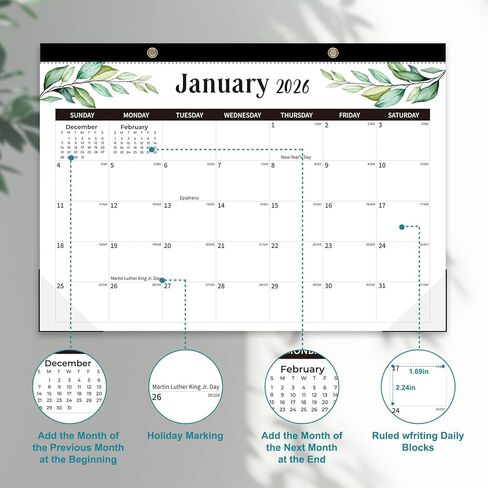 Desk Calendar 2025-2026, 18 Monthly Desk/Wall Calendar, July 2025 - December 2026, Desk Top Calendar 17" x 12" Large Desk Calendar with Cutting Lines, Corner Protectors, Notes Section for home, office, and school (Green Leaf) in Kuwait