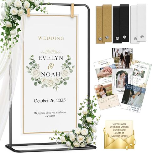 Wedding Sign Holder Adjustable up to 5.7 FT Tall - Welcome to Our Wedding Sign Stand with Design Bundle, Hanging Straps & Water Bags, Seating Chart Display, Metal Easel for Baby Shower & Party - Gold in Kuwait