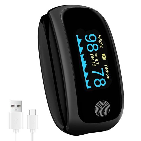Rechargeable pulse oximeter with respiration, with O2 Pulse Rate PI RR Respiratory Accurate Reliable Oximeter SpO2 Reading Not for medical use Black in Saudi Arabia