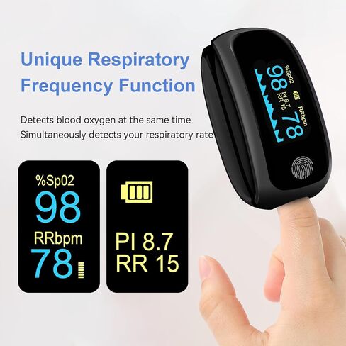 Rechargeable pulse oximeter with respiration, with O2 Pulse Rate PI RR Respiratory Accurate Reliable Oximeter SpO2 Reading Not for medical use Black in Saudi Arabia