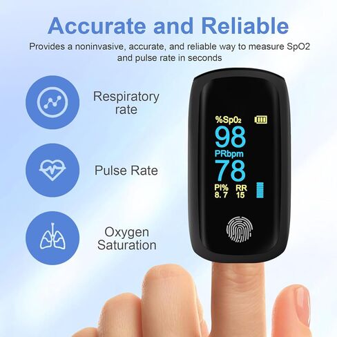 Rechargeable pulse oximeter with respiration, with O2 Pulse Rate PI RR Respiratory Accurate Reliable Oximeter SpO2 Reading Not for medical use Black in Saudi Arabia