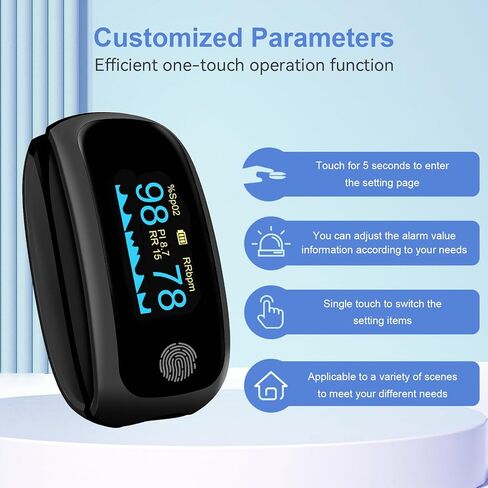 Rechargeable pulse oximeter with respiration, with O2 Pulse Rate PI RR Respiratory Accurate Reliable Oximeter SpO2 Reading Not for medical use Black in Saudi Arabia