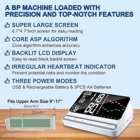 جهاز قياس ضغط الدم للمنزل - شاشة كبيرة بإضاءة خلفية مع منحنى الاتجاه، جهاز BP للذراع العلوي قابل لإعادة الشحن، قراءات دقيقة، ذاكرة 180 لمستخدمين، جهاز رقمي مع أساور كبيرة مريحة in Kuwait