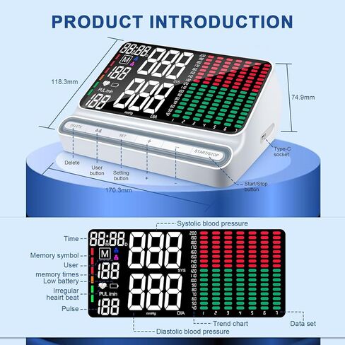 جهاز قياس ضغط الدم للمنزل - شاشة كبيرة بإضاءة خلفية مع منحنى الاتجاه، جهاز BP للذراع العلوي قابل لإعادة الشحن، قراءات دقيقة، ذاكرة 180 لمستخدمين، جهاز رقمي مع أساور كبيرة مريحة in Kuwait