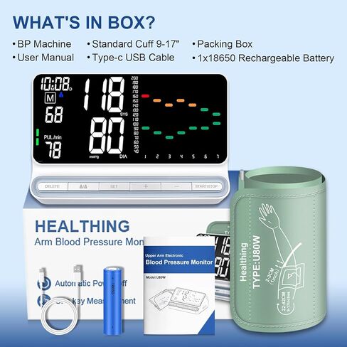 جهاز قياس ضغط الدم للمنزل - شاشة كبيرة بإضاءة خلفية مع منحنى الاتجاه، جهاز BP للذراع العلوي قابل لإعادة الشحن، قراءات دقيقة، ذاكرة 180 لمستخدمين، جهاز رقمي مع أساور كبيرة مريحة in Kuwait