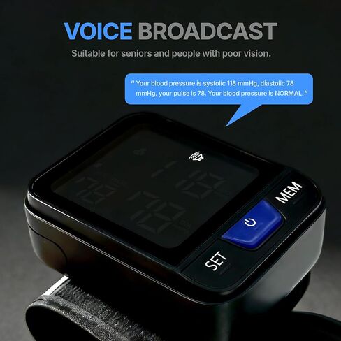جهاز قياس ضغط الدم من المعصم - جهاز ضغط الدم دقيق سريريًا مع شاشة عرض كبيرة بإضاءة خلفية VA وLED وبث صوتي لكبار السن، وذاكرة 240 لمستخدمين، وكاشف ضربات القلب غير المنتظم للاستخدام المنزلي in Kuwait