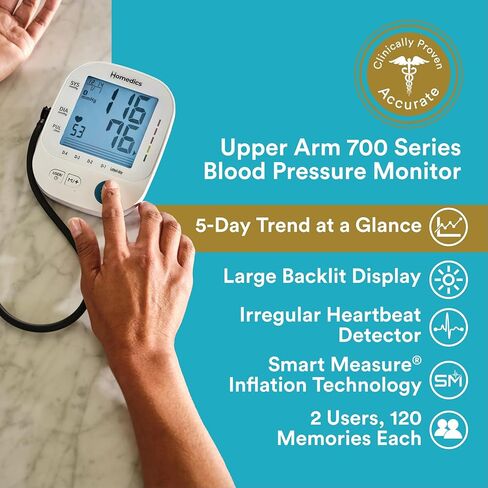 Homedics 700 Series Arm Blood Pressure Monitor for Home use, 5-Day Trend View, Irregular Heartbeat & Motion Detection, Bluetooth for Homedics Health App Sync, 2 Users, Soft Arm Cuff (9"-17") in Saudi Arabia