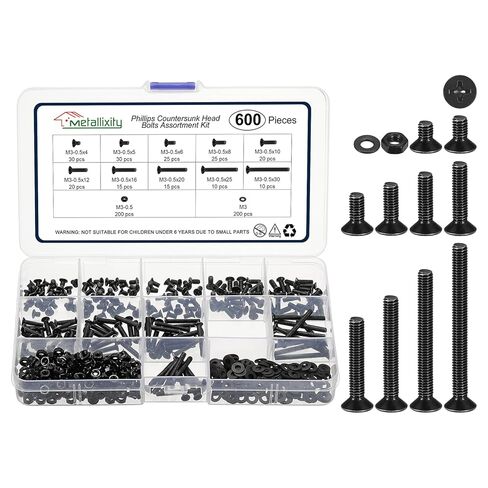 مجموعة متنوعة من صواميل الماكينة من ميتاليكسيتي فيليبس (M3-0.5) 600 قطعة، طقم براغي أدوات برأس مسطح من الفولاذ الكربوني مع غسالات مسطحة - للتثبيت المعدني الداخلي، أسود in Kuwait