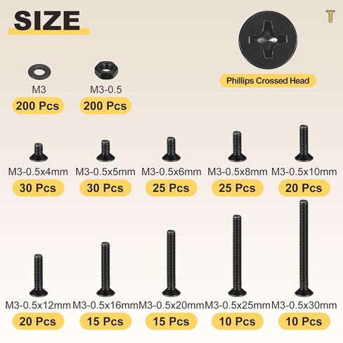مجموعة متنوعة من صواميل الماكينة من ميتاليكسيتي فيليبس (M3-0.5) 600 قطعة، طقم براغي أدوات برأس مسطح من الفولاذ الكربوني مع غسالات مسطحة - للتثبيت المعدني الداخلي، أسود in Kuwait