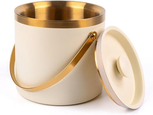 3L beige white Double Wall Insulated Stainless Steel Ice Bucket with scoop for Cocktail Bar,Metal Ice Bucket for freezer with Lid for parties.ice Container to Keep Ice Colder,bar cart accessories in Saudi Arabia