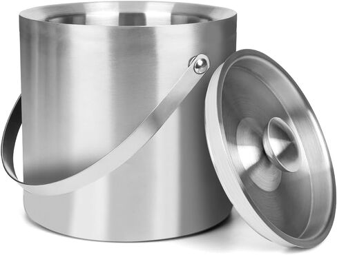 3L beige white Double Wall Insulated Stainless Steel Ice Bucket with scoop for Cocktail Bar,Metal Ice Bucket for freezer with Lid for parties.ice Container to Keep Ice Colder,bar cart accessories in Saudi Arabia