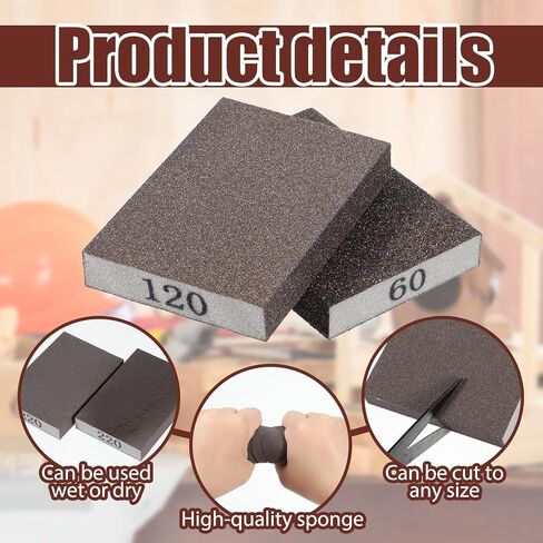 6 عبوات من ورق الصنفرة، 60/80/120/220 حبيبة قابلة للغسل وإعادة الاستخدام، إسفنجة صنفرة خشنة متوسطة الحجم، وسادات رمل جافة ورطبة للجدران الجافة، خشب in Kuwait
