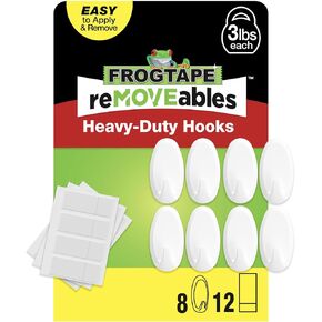خطافات جدارية متينة قابلة للإزالة من FrogTape - 8 خطافات و12 شريطًا - تحمل ما يصل إلى 3 أرطال - بدون ضرر - سهلة الإزالة وإعادة الاستخدام - خطاف حائط متوسط ​​مع شرائط لاصقة - أبيض (عبوة من 8 قطع) in Kuwait