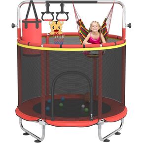 Kids' Trampoline, 60" Indoor & Outdoor Toddler Trampoline with Adjustable Gymnastics Bar & Basketball Hoop, Ideal Toy Gift for Boys & Girls in Kuwait