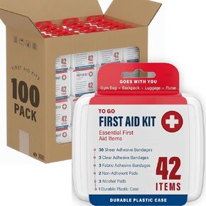 طقم إسعافات أولية مكون من 4200 قطعة من ديكور راك، 100 صندوق فردي مكون من 42 قطعة لكل منها، أدوات إسعافات أولية للجروح البسيطة، الخدوش، السفر، السيارة، المنزل، العمل، الرحلات الميدانية أو التخييم (4200 قطعة، 100 عبوة) in Kuwait