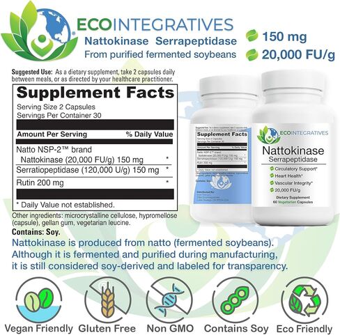 Nattokinase Serrapeptidase – with Nattokinase (20,000 FU/g) + Rutin | Supports Heart & Circulatory Health* | Non-GMO | 60 Vegetarian Capsules in Saudi Arabia