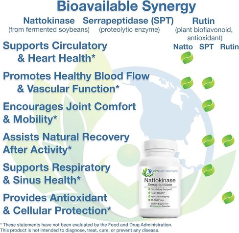 Nattokinase Serrapeptidase – with Nattokinase (20,000 FU/g) + Rutin | Supports Heart & Circulatory Health* | Non-GMO | 60 Vegetarian Capsules in Saudi Arabia