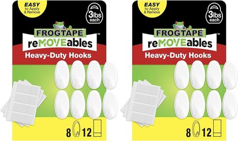 خطافات جدارية متينة قابلة للإزالة من FrogTape - 8 خطافات و12 شريطًا - تحمل ما يصل إلى 3 أرطال - بدون ضرر - سهلة الإزالة وإعادة الاستخدام - خطاف حائط متوسط ​​مع شرائط لاصقة - أبيض (عبوة من 8 قطع) in Kuwait