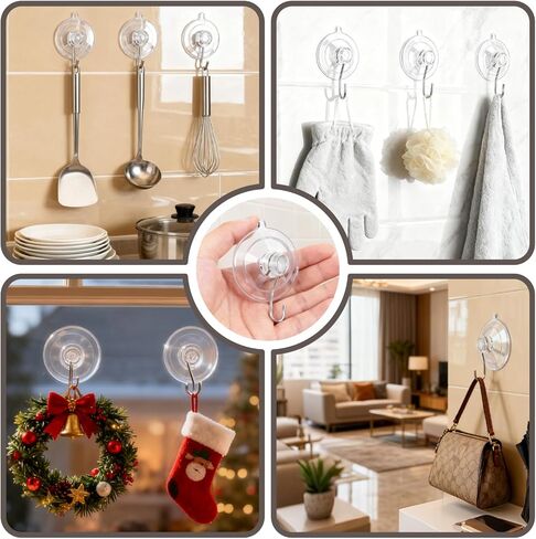 Clear Suction Cup Hooks 15 Pack, 1.77 Inch Heavy Duty Wall Hooks with Strong 10 lb Hold, No-Drill Removable & Waterproof Hooks for Glass Window Decor Shower Bathroom Tile Kitchen (15) in Saudi Arabia