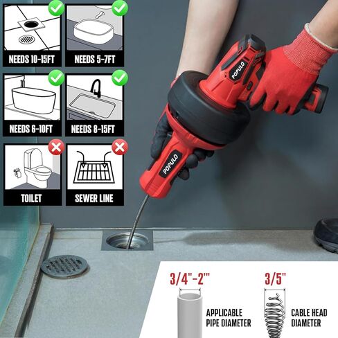 POPULO 12V استنزاف كهربائي لاسلكي، تغذية تلقائية سباكة استنزاف ثعبان لفك استنزاف الحوض 3/4 "-2" الأنابيب، 16.8 قدم ثعبان الشعر استنزاف تسد أدوات تنظيف مزيل للاستحمام، المطبخ، حوض الاستحمام، بالوعة in Kuwait