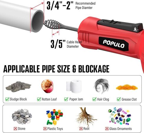 POPULO 12V استنزاف كهربائي لاسلكي، تغذية تلقائية سباكة استنزاف ثعبان لفك استنزاف الحوض 3/4 "-2" الأنابيب، 16.8 قدم ثعبان الشعر استنزاف تسد أدوات تنظيف مزيل للاستحمام، المطبخ، حوض الاستحمام، بالوعة in Kuwait