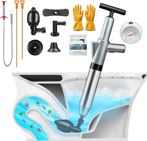 High Pressure Toilet Plunger, Toilet Snake Air Drain Blaster with Real -Time Barometer, Heavy Duty Drain Clog Remover for Bathroom, Floor, Shower, Kitchen Clogged (Gery-Manual) in Saudi Arabia
