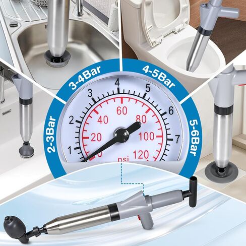 High Pressure Toilet Plunger, Toilet Snake Air Drain Blaster with Real -Time Barometer, Heavy Duty Drain Clog Remover for Bathroom, Floor, Shower, Kitchen Clogged (Gery-Manual) in Saudi Arabia