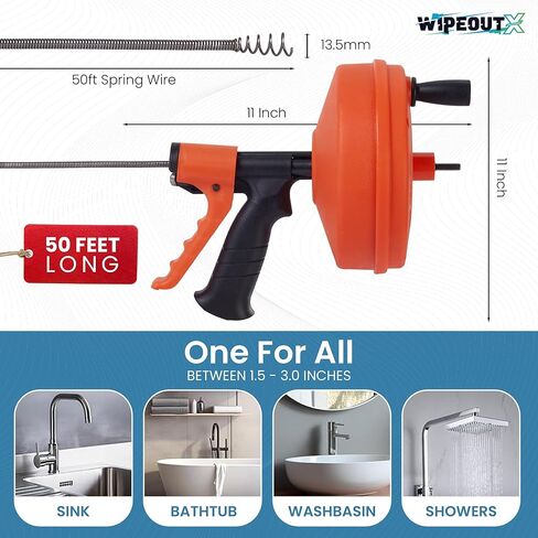 50ft drain auger with Drill Attachment Kit Includes drain snake Gloves Glasses Brushes Plastic Drainers and Bag for Quick Clog Removal in Kuwait