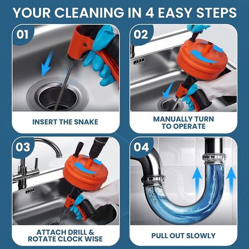 50ft drain auger with Drill Attachment Kit Includes drain snake Gloves Glasses Brushes Plastic Drainers and Bag for Quick Clog Removal in Kuwait