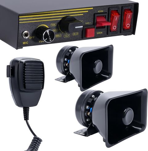 12V 400W Police Siren 9 Tones Warning Emergency Siren PA System with Handheld Microphone - 2×Black Steel Speaker Horn in Saudi Arabia