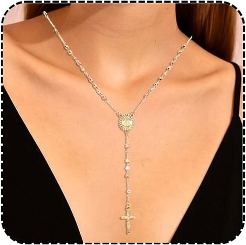 J&H DiaJuvelo Rosary Necklace for Women 14K Gold Plated Rosemary Y Chain Layered Dainty Cross Long Virgin Mary Pendant Beads Catholic en route Jewelry rosarios catolicos para mujer in Saudi Arabia