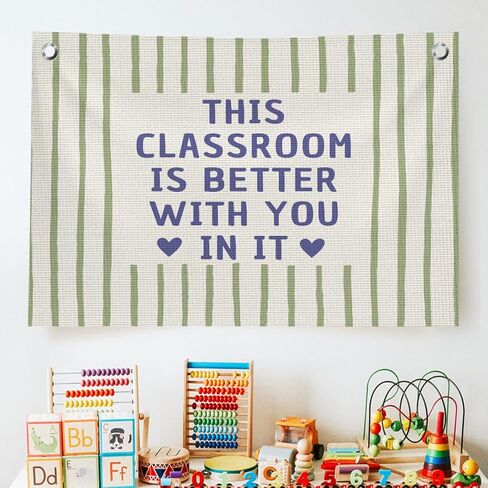 QROZIAR Boho Classroom Decor for Teacher, Pastel Classroom Must Haves Wall Decor, Welcome Sign Back To School Canvas Wall Flags for Nursery Classroom, This Classroom Is Better With You In It in Kuwait