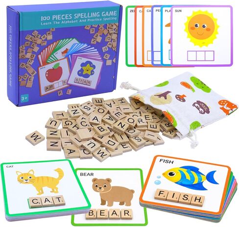 Spelling Games with 30 Double-Sided Flash Cards, 100Pcs Wooden Letters Sight Words Matching Game, Alphabet ABC Learning Educational Toys for Kids Ages 4-8 in Saudi Arabia