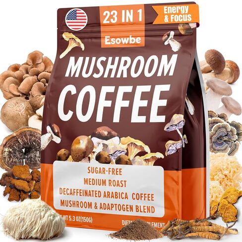 Mushroom Coffee, 23 IN 1 Instant Mushroom Coffee - Zero Sugar, with 100% Fruiting Lion's Mane, Chaga, Cordyceps, Reishi, Ashwagandha, Decaf Arabica, for Focus, Energy, Gut, Digestion, Immunity, 5.3 oz in Saudi Arabia