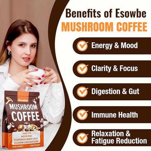 Mushroom Coffee, 23 IN 1 Instant Mushroom Coffee - Zero Sugar, with 100% Fruiting Lion's Mane, Chaga, Cordyceps, Reishi, Ashwagandha, Decaf Arabica, for Focus, Energy, Gut, Digestion, Immunity, 5.3 oz in Saudi Arabia