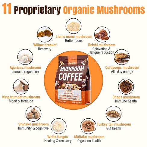 Mushroom Coffee, 23 IN 1 Instant Mushroom Coffee - Zero Sugar, with 100% Fruiting Lion's Mane, Chaga, Cordyceps, Reishi, Ashwagandha, Decaf Arabica, for Focus, Energy, Gut, Digestion, Immunity, 5.3 oz in Saudi Arabia