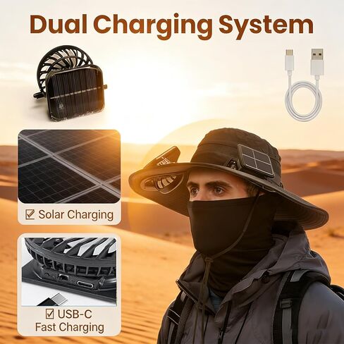 Solar Fan Hat, Hat with Fans Solar Power,Solar Powered Fan Hat for Outdoor Fishing, Hiking Gardening, USB Solar Charging Includes 2 Solar Fans(Black-XL) in Kuwait