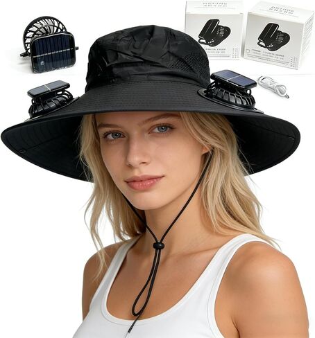 Solar Fan Hat, Hat with Fans Solar Power,Solar Powered Fan Hat for Outdoor Fishing, Hiking Gardening, USB Solar Charging Includes 2 Solar Fans(Black-XL) in Kuwait