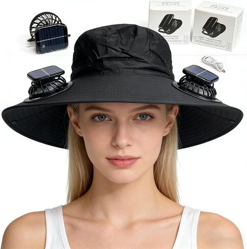 Solar Fan Hat, Hat with Fans Solar Power,Solar Powered Fan Hat for Outdoor Fishing, Hiking Gardening, USB Solar Charging Includes 2 Solar Fans(Black-XL) in Kuwait
