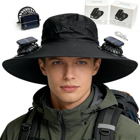 Solar Fan Hat, Hat with Fans Solar Power,Solar Powered Fan Hat for Outdoor Fishing, Hiking Gardening, USB Solar Charging Includes 2 Solar Fans(Black-XL) in Kuwait