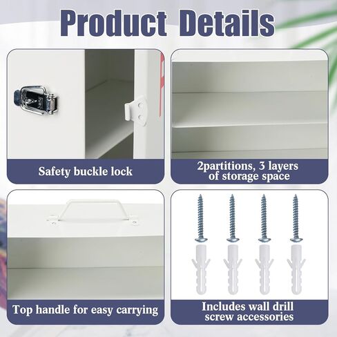 Timgle First Aid Kit with Lock 3 Shelf Wall Mount Medicine Cabinet with Key Lock & Handle Locking Medical Cabinet Lightweight Medium Organizer Steel Wall Storage Box for Business and Worksite in Saudi Arabia